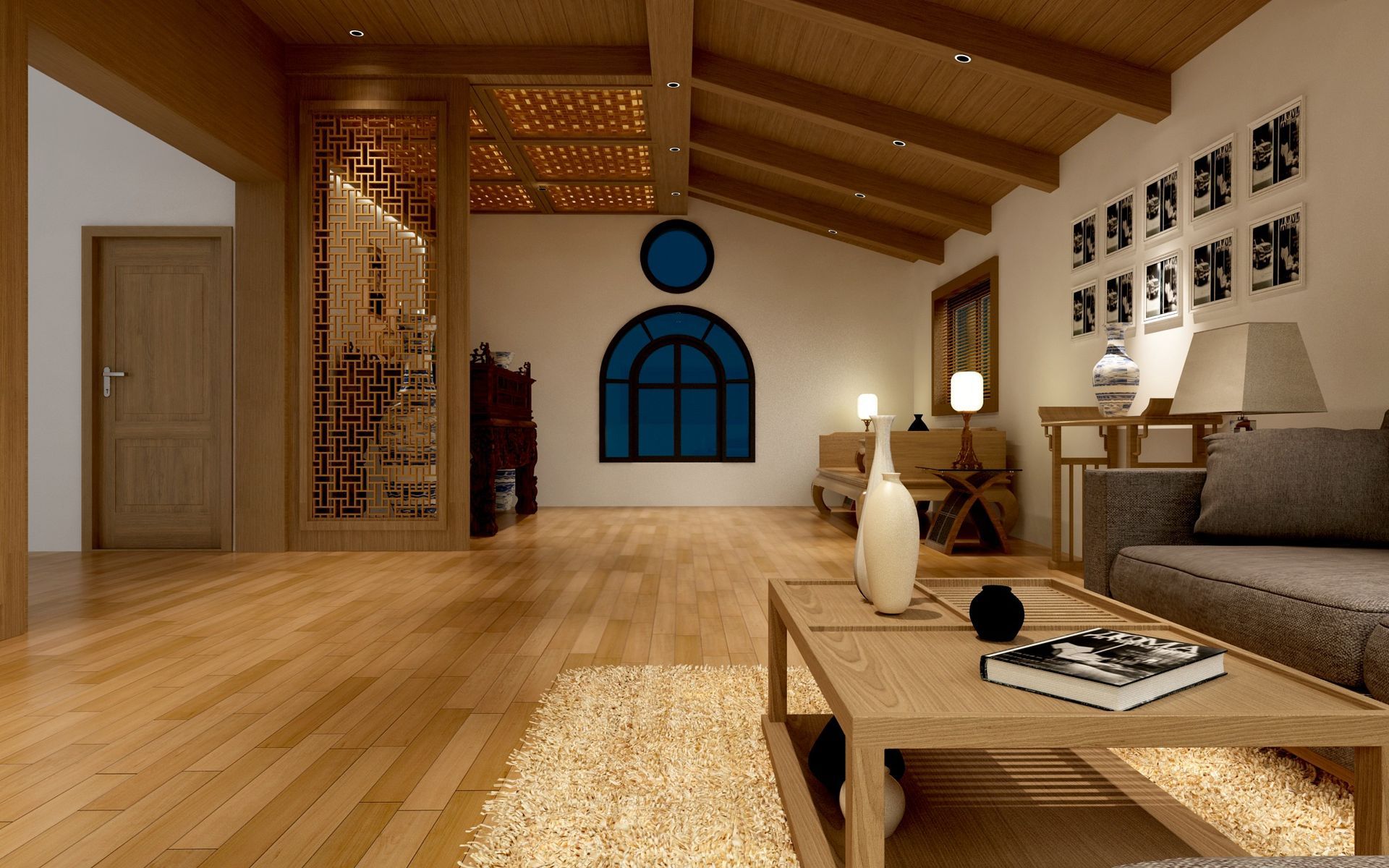 Living room with wood floors, blue window, coffee table, and a sofa.