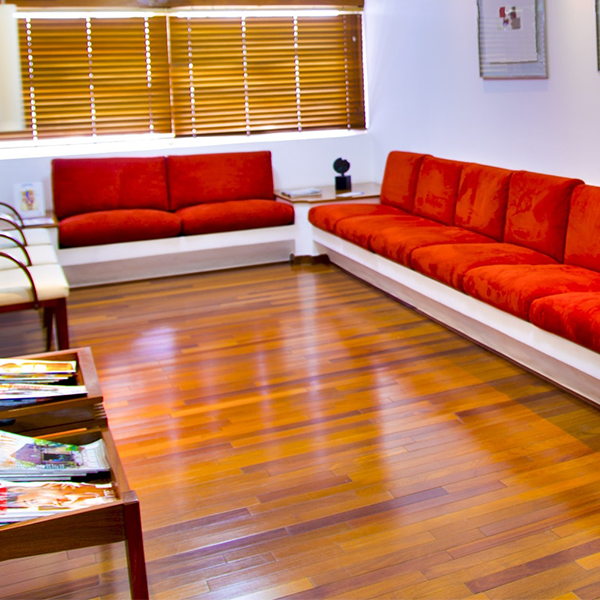 Waiting room with red sofas, magazines, and wood flooring.