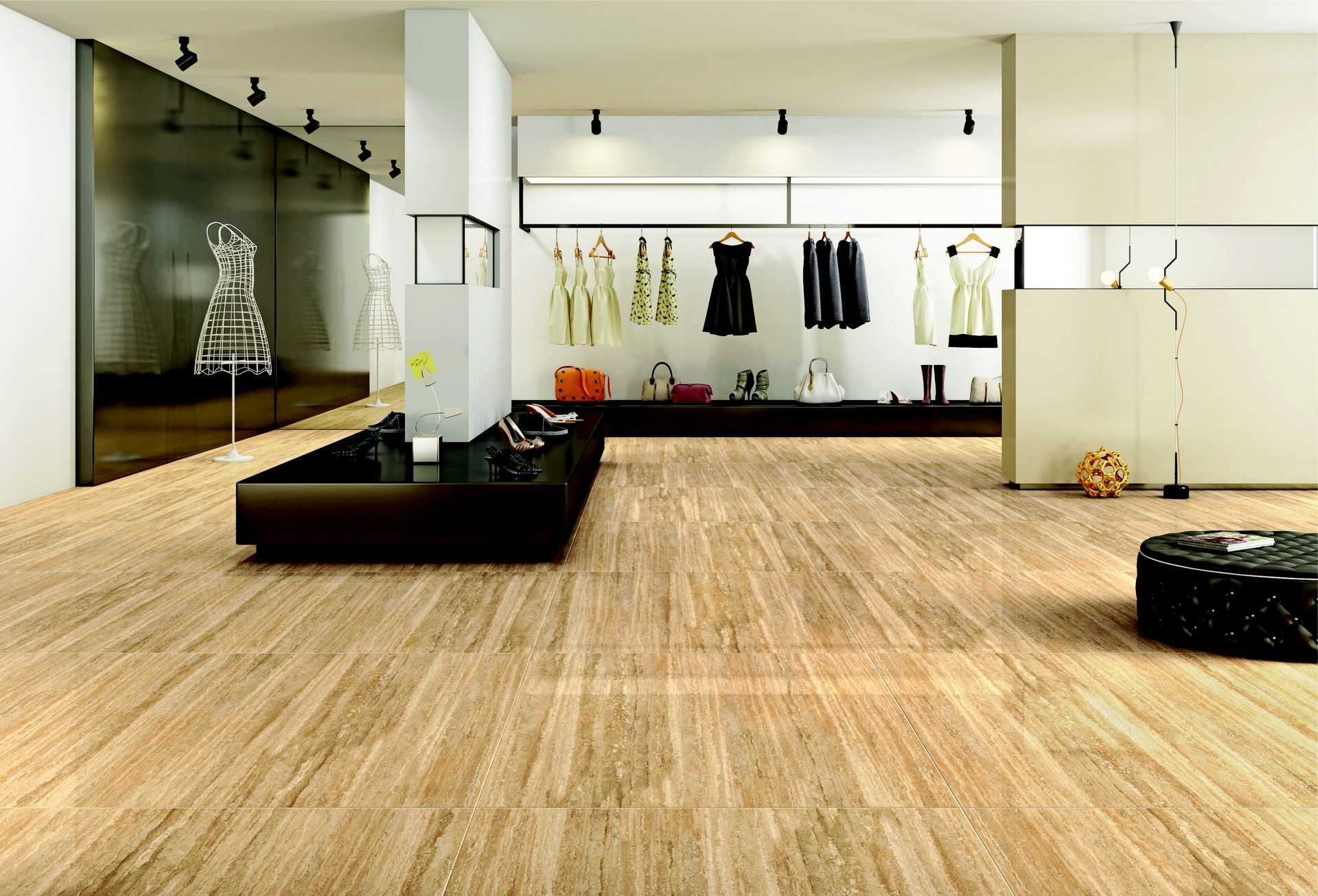 Modern clothing store interior with wood-look floor, clothing racks, and display mannequins.