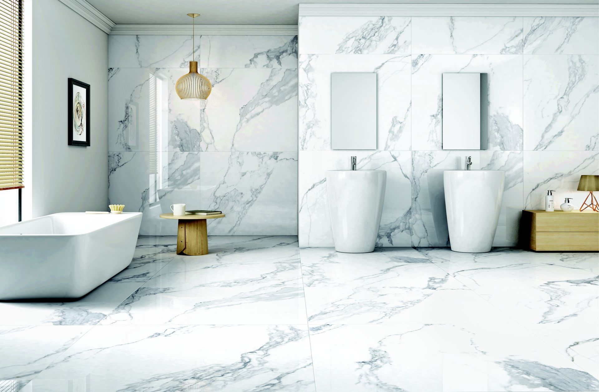 Luxurious marble bathroom with a bathtub, two sinks, and decorative lighting.