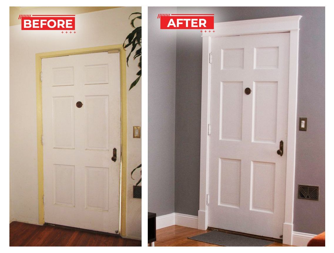 Door makeover before and after: white door with simple trim. Yellow door frame replaced with white, gray wall.