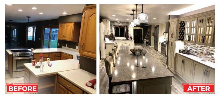 Before and after kitchen renovation. Light countertops, dark cabinets change to granite island, light cabinets.