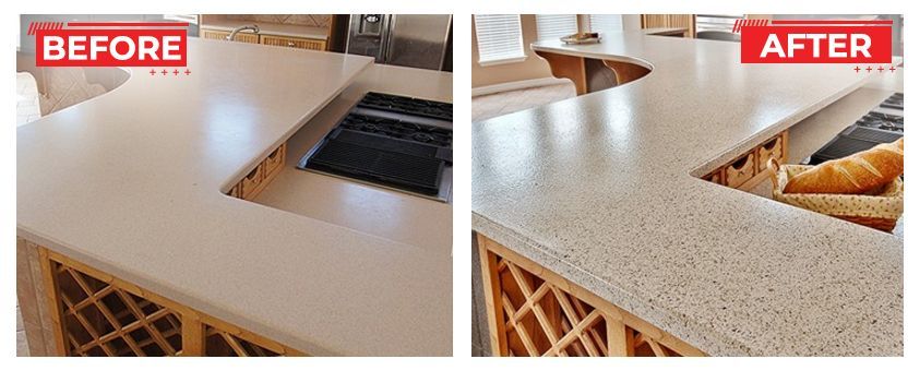 Before and after photos of a kitchen countertop. The
