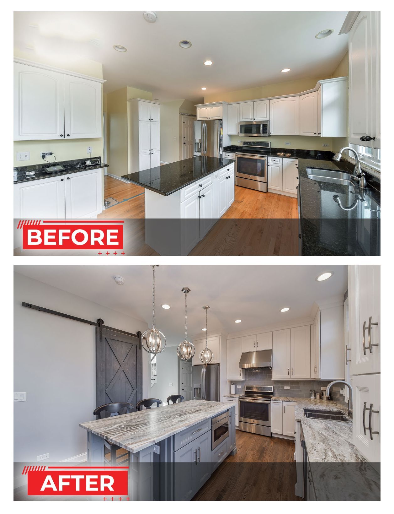 Kitchen remodel before and after. Top: white cabinets, black countertops. Bottom: gray cabinets, light countertops, barn door.