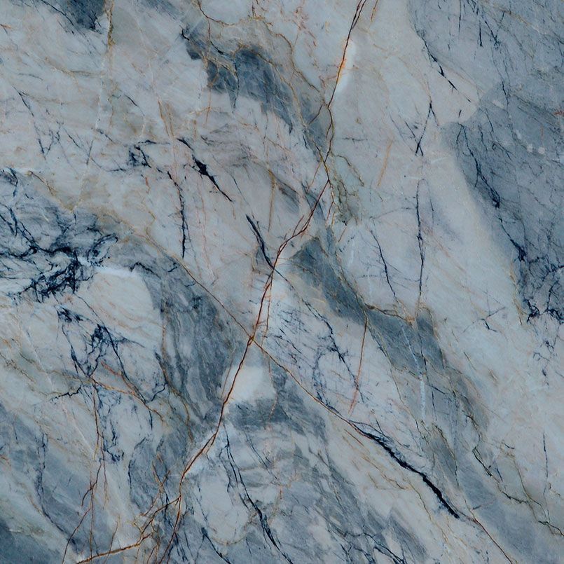Blue and gray marble with dark veins and brown accents.