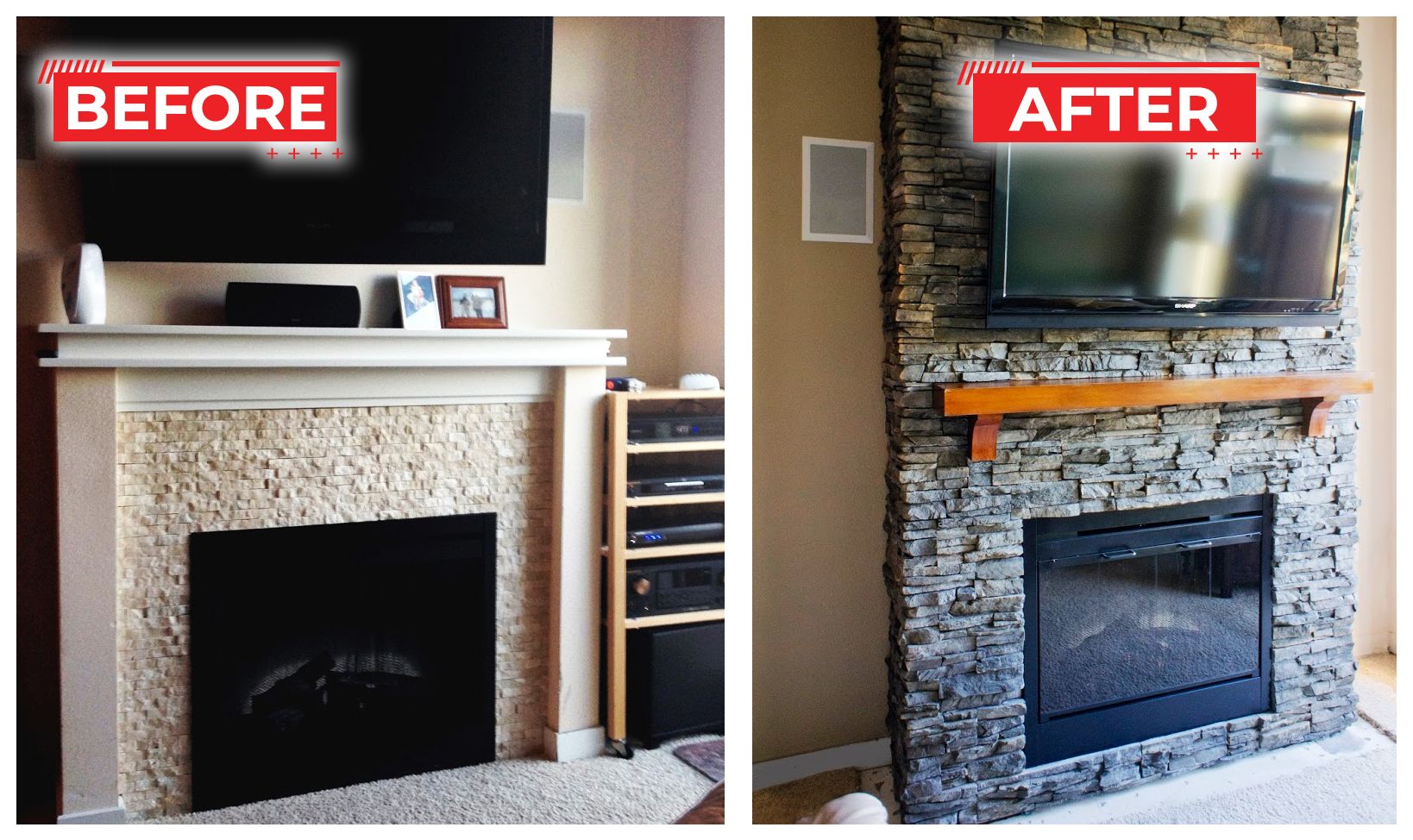 Before-and-after of a fireplace. Stone veneer replaces old facade, a wooden mantle is added. TV mounted above.