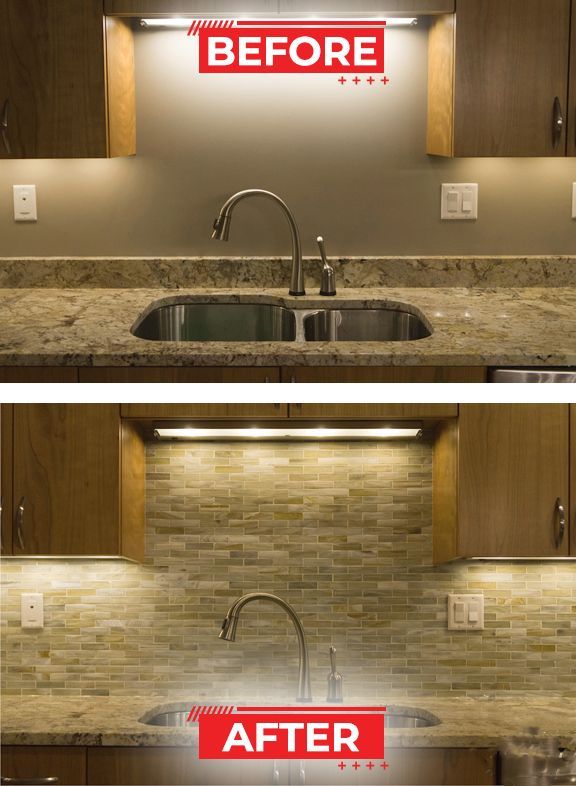 Kitchen backsplash before and after, showing updated tile, with under-cabinet lighting.