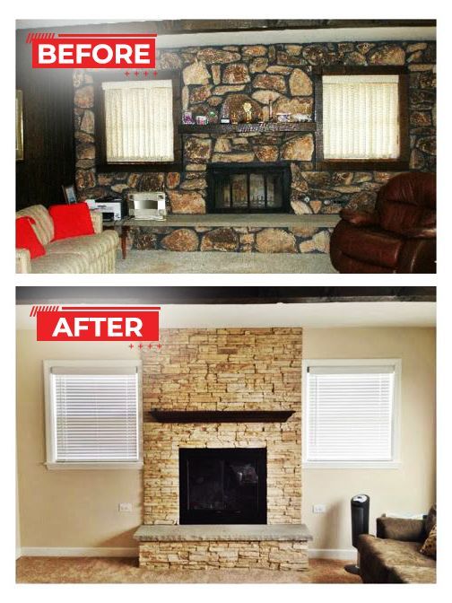 Side-by-side comparison: living room fireplace, before and after renovation. The old stone is replaced with lighter, updated stone.