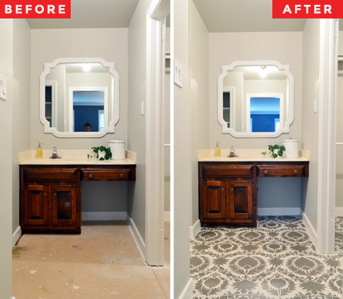 Bathroom renovation: Before and after. Dark wood vanity, white framed mirror, patterned floor.