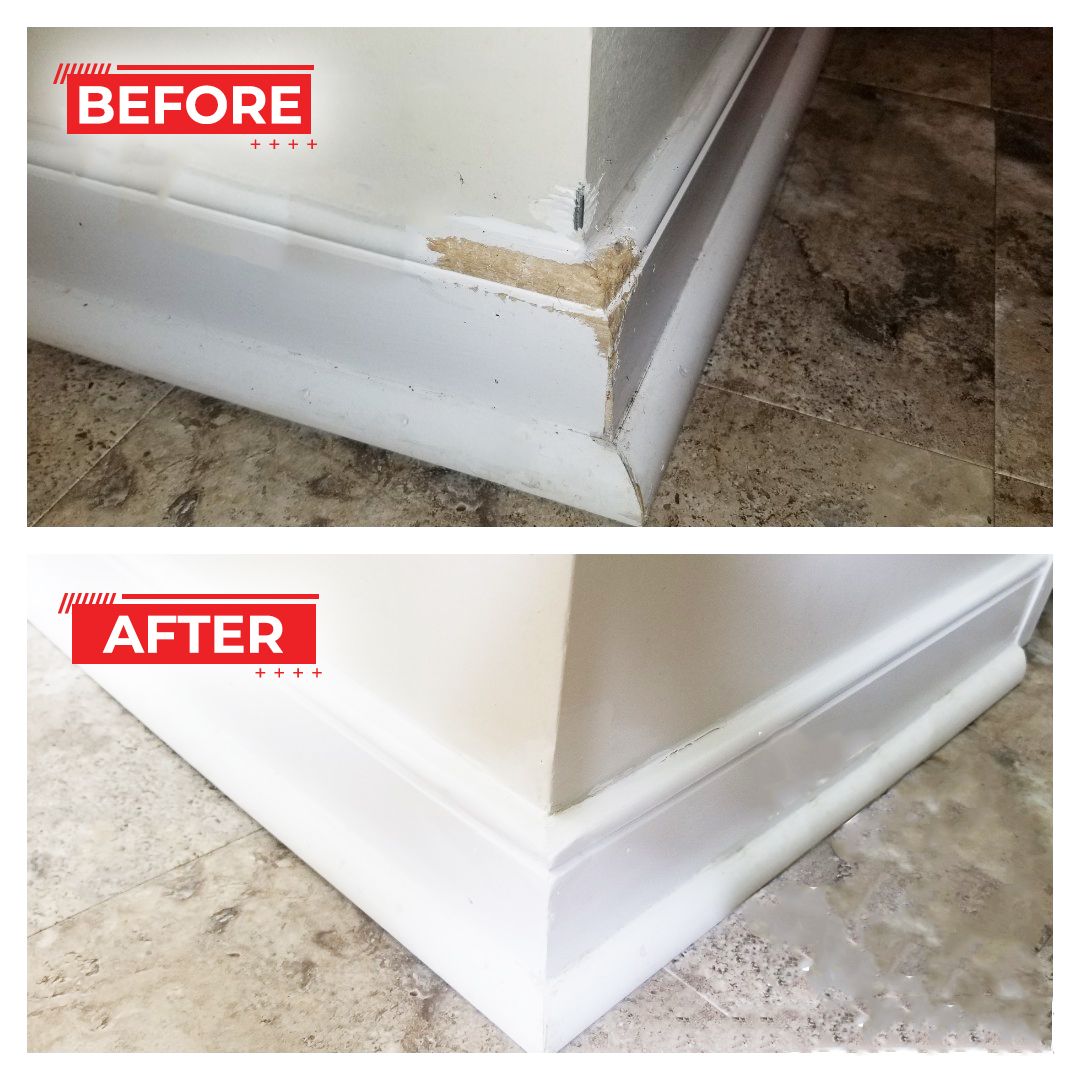 Before and after of a repaired white baseboard corner on tiled floor.