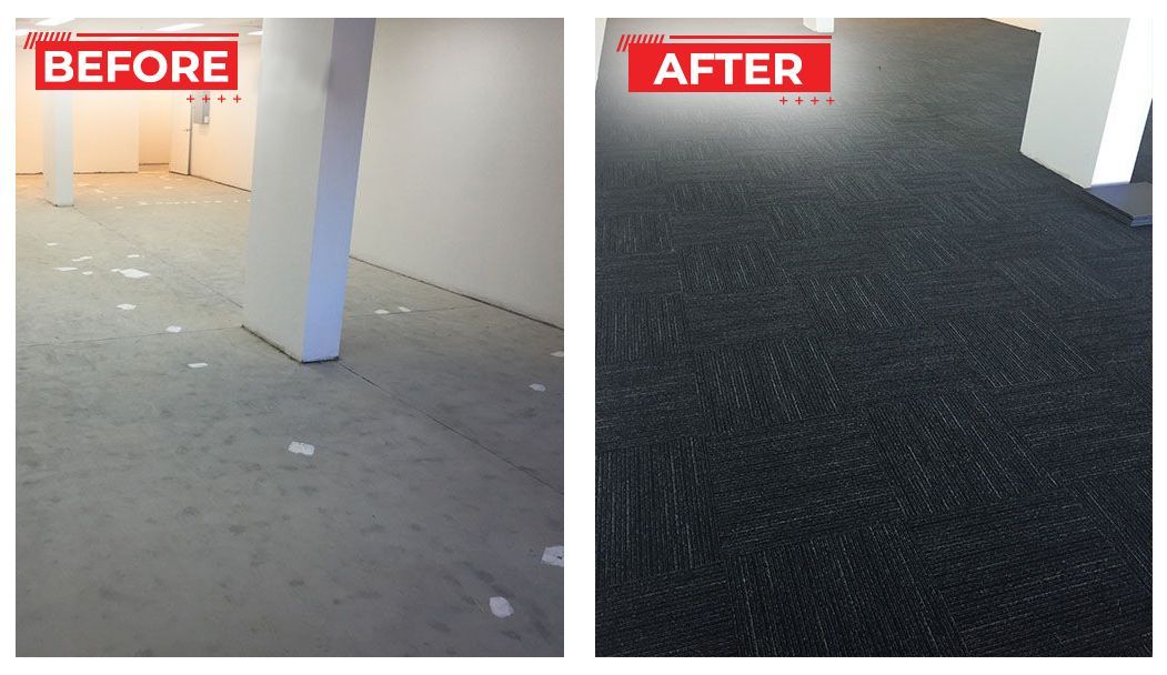 Before and after of a room's floor. Before: grey concrete. After: black textured covering.