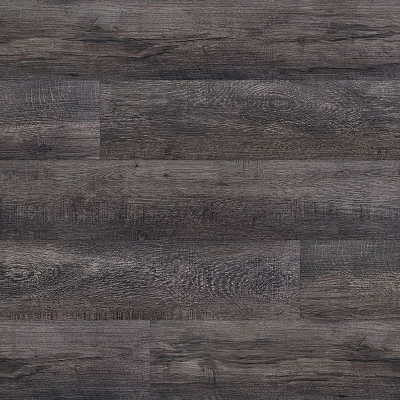 Dark gray wood-look flooring with visible grain and knots.