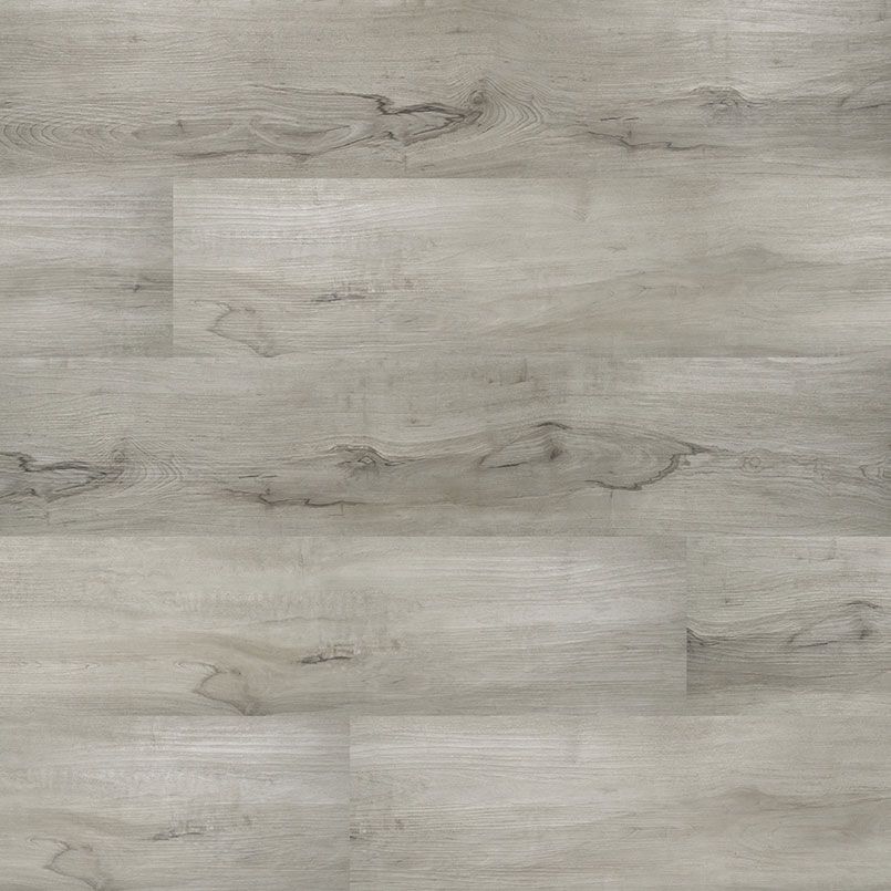 Gray wood-look flooring with horizontal planks and variations in tone and texture.