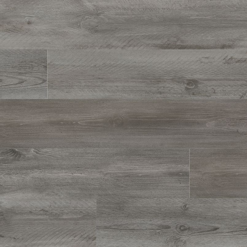 Gray wood-look flooring with long, rectangular planks.