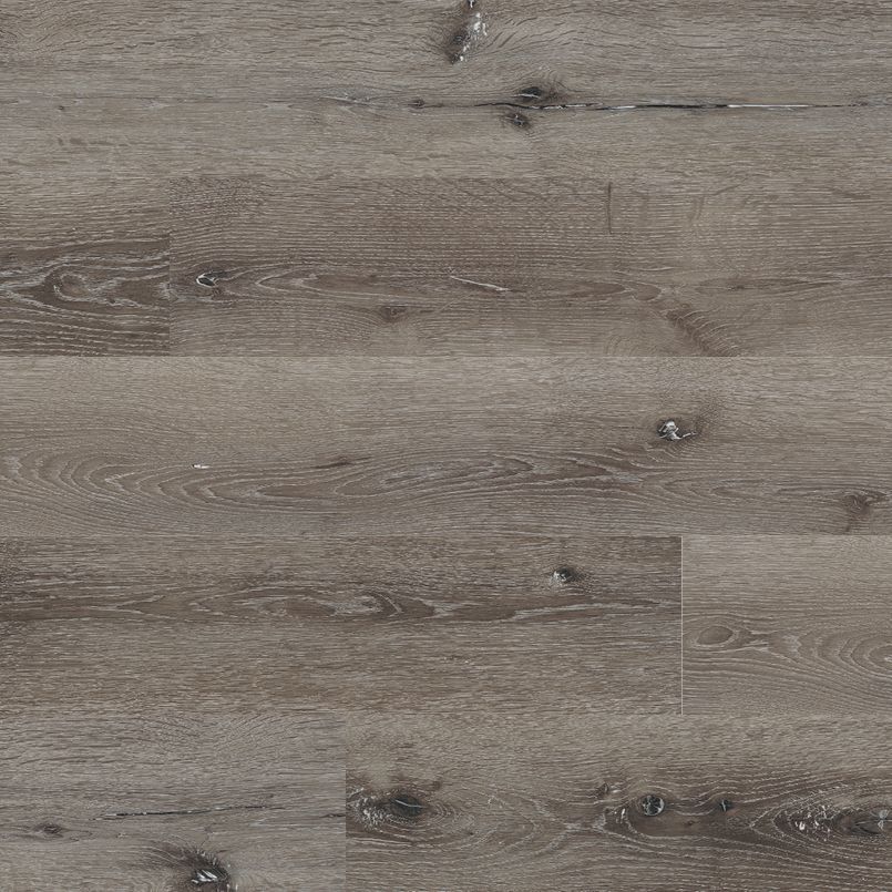 Gray wood-look flooring with visible grain and knots.