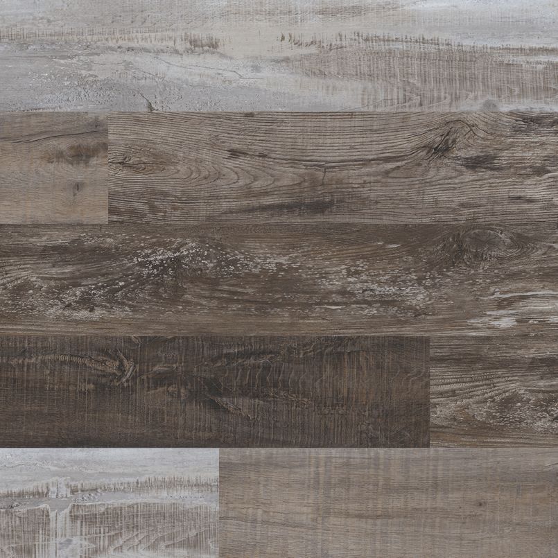 Wood-look flooring with varying shades of brown and gray planks, simulating a rustic appearance.
