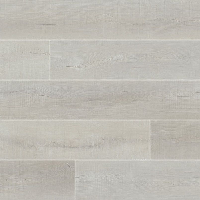 Light gray wood-look flooring with visible grain and knots, arranged in a staggered pattern.