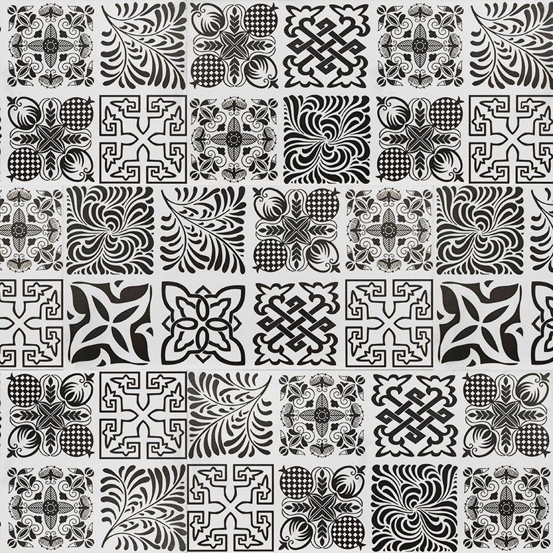 Black and white patterned tile design with various geometric and floral motifs repeated.