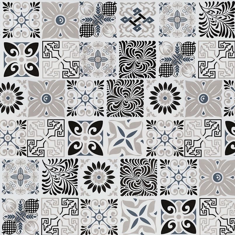 Patchwork tile pattern, various gray, black, and white decorative square designs.
