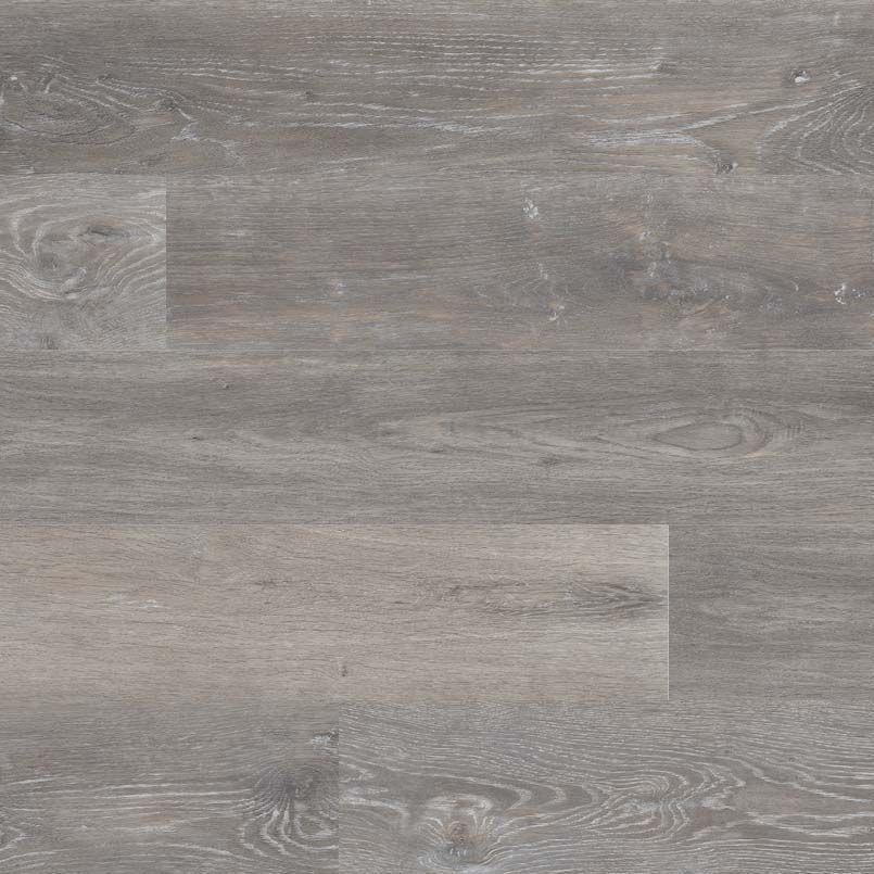 Gray wood-look flooring with various wood grain patterns and knots, creating a textured surface.