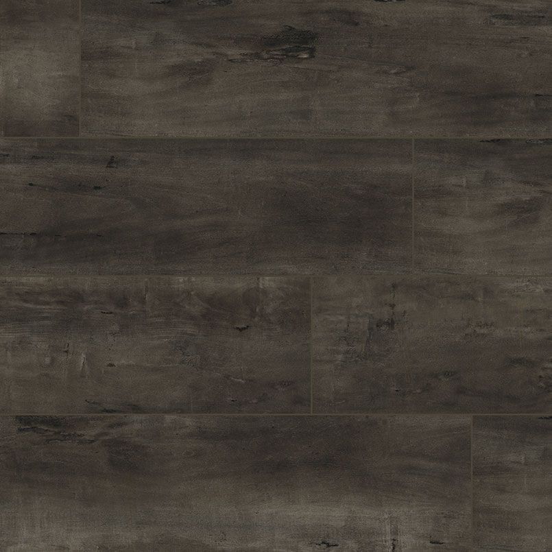 Dark brown wood-look flooring with prominent wood grain texture and variations in tone.