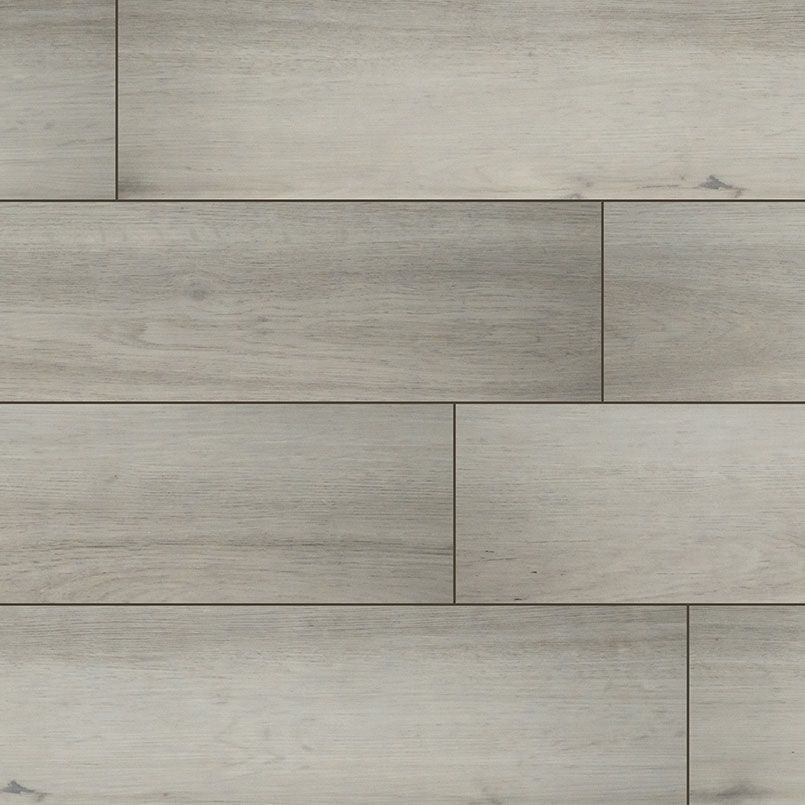 Gray and beige wood-look rectangular floor tiles with visible grain.