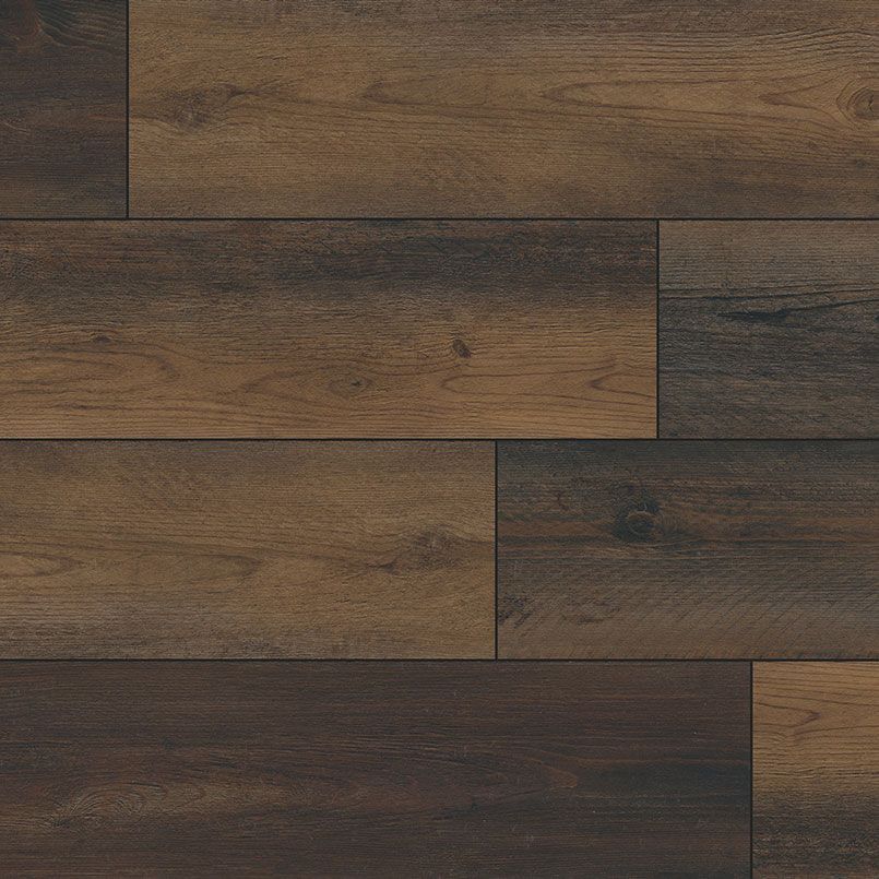 Dark brown wood-look flooring with varying tones and visible grain.