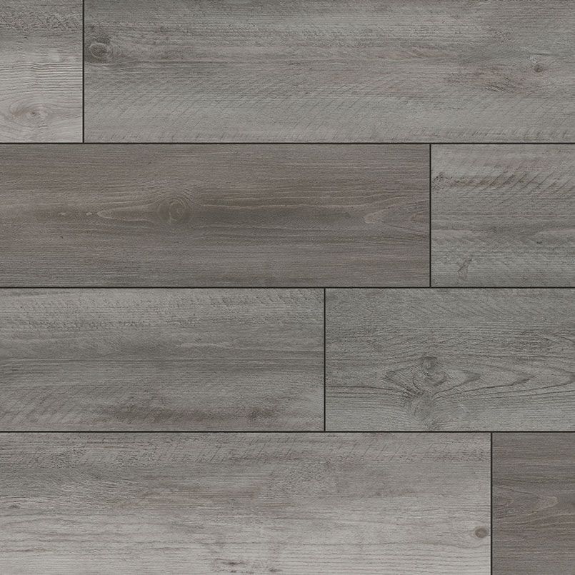Gray wood-look flooring with planks arranged in staggered rows.