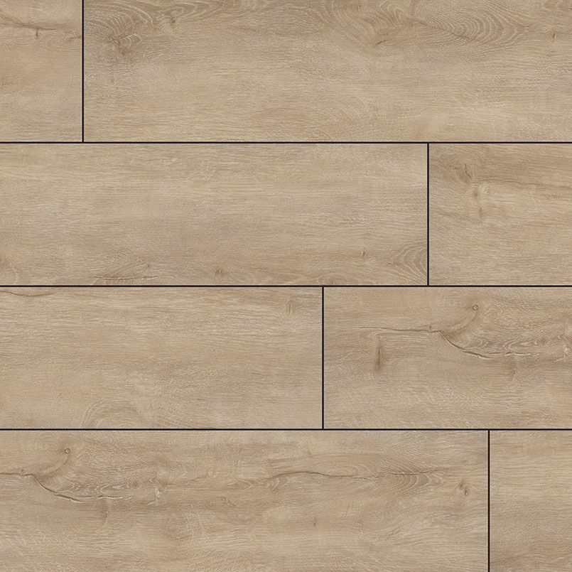 Light brown wood-look flooring tiles arranged in a staggered pattern.