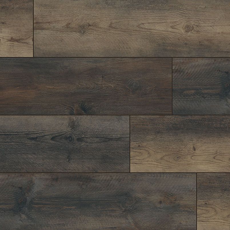 Dark brown and tan wood-look flooring. Plank pattern with visible wood grain and knots.