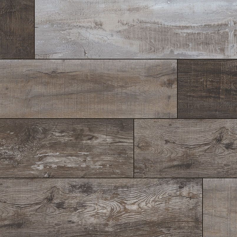 Wood-look flooring tiles in shades of brown and gray, with visible wood grain and texture.
