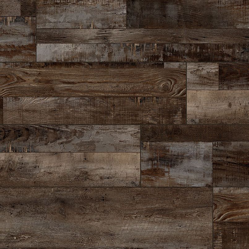 Wood-look flooring in shades of brown and gray.