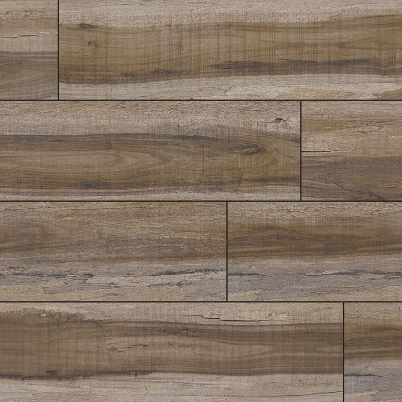 Wood-look flooring tiles in shades of brown and gray, arranged in a staggered horizontal pattern.
