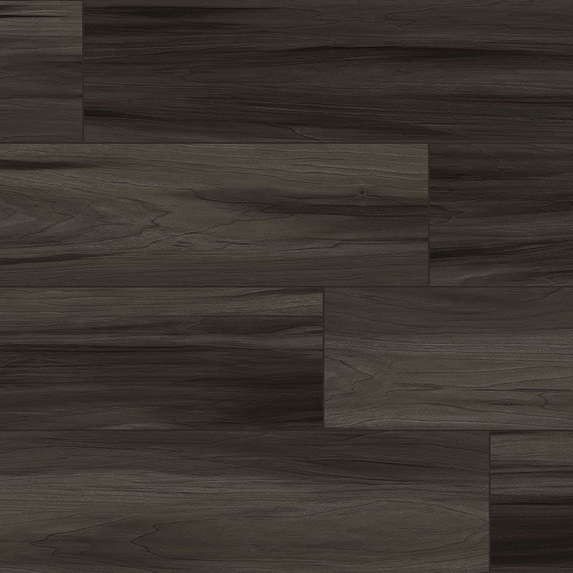 Dark wood-look flooring with horizontal planks in shades of black and brown.