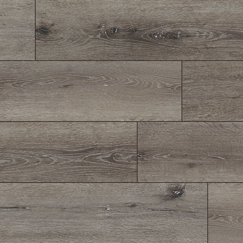 Gray wood-look flooring with visible grain and knots, arranged in a staggered plank pattern.
