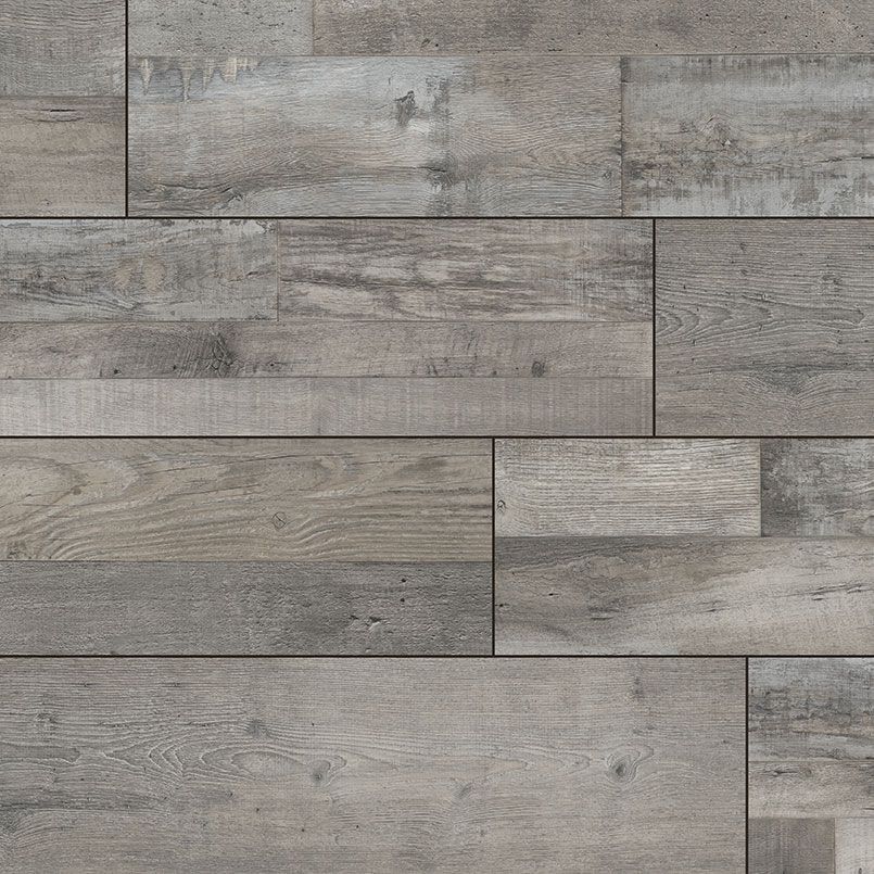 Gray weathered wood plank flooring.