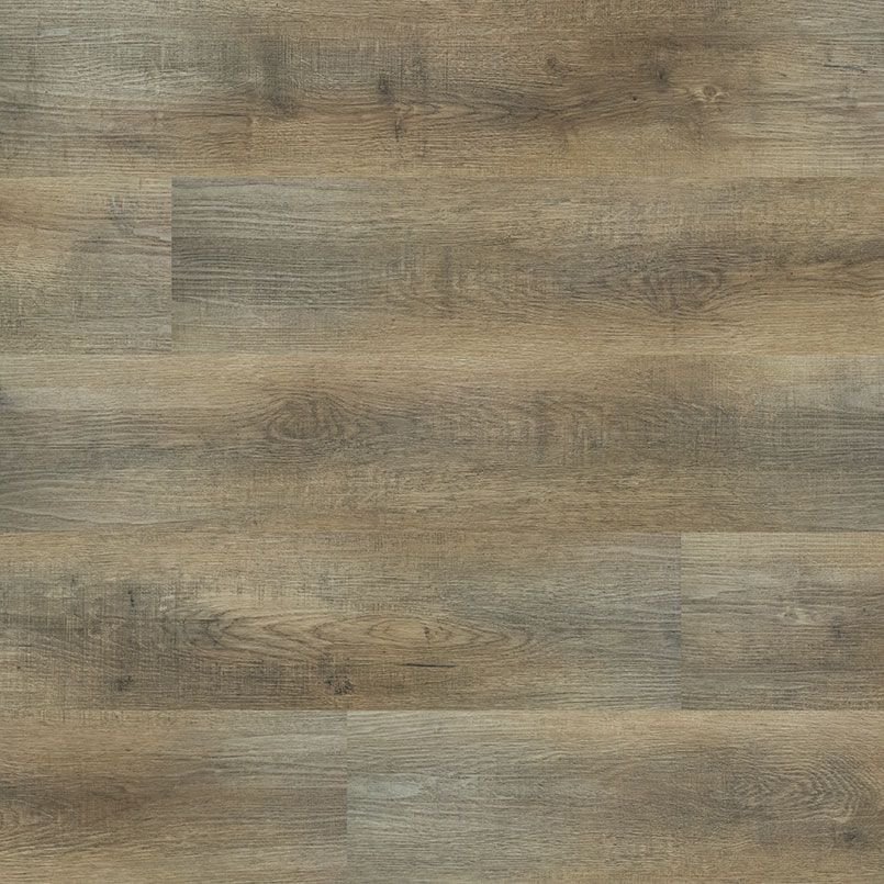 Wood-look flooring with varying shades of brown and gray planks.
