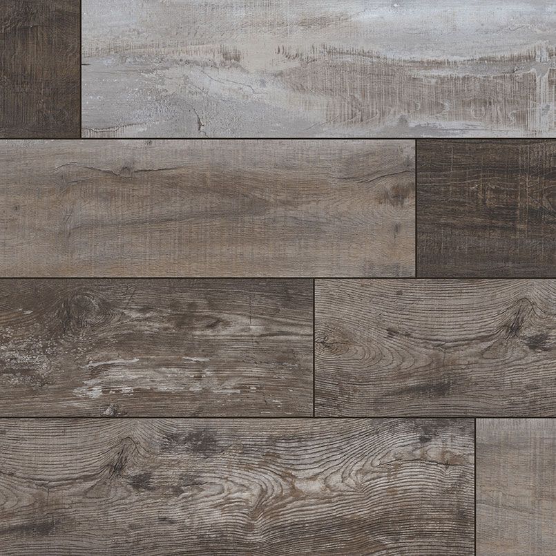 Wood-look floor tile in varying shades of brown and gray, with a textured, rustic appearance.