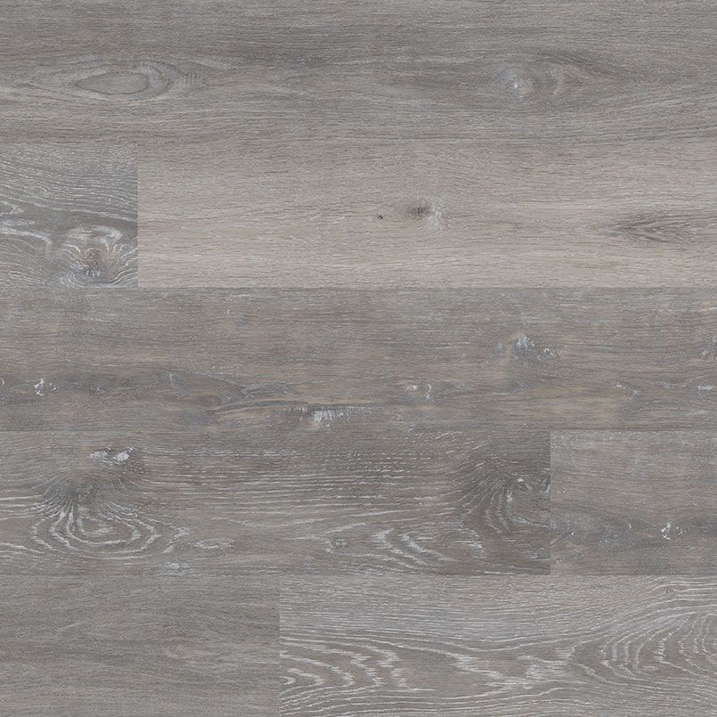 Gray wood-look flooring with visible grain and knots.
