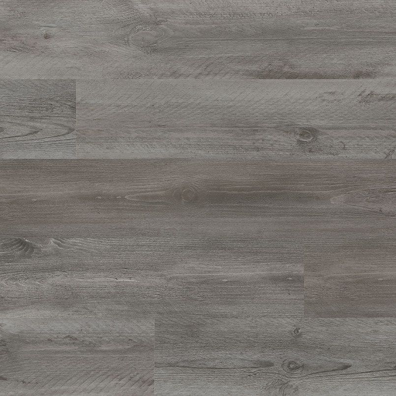 Gray wood-look flooring with long planks, showing natural grain patterns and knots.