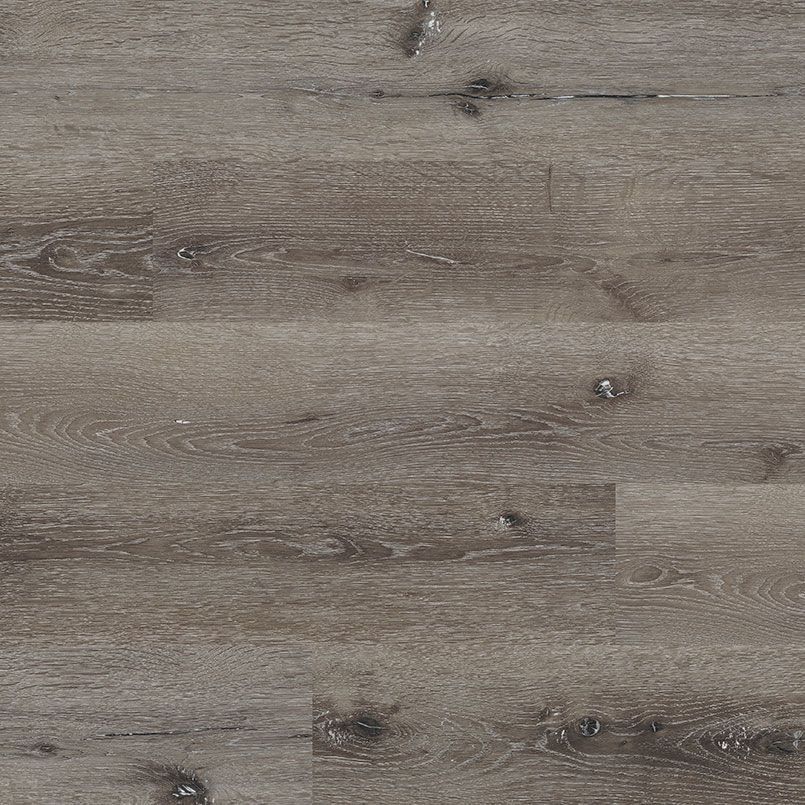 Gray and brown wood-look flooring with knots and grain detail.