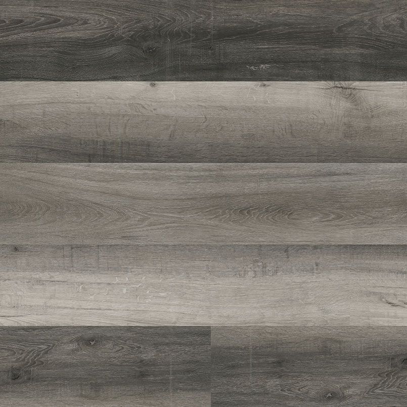 Gray wood-grain flooring, showing horizontal planks with varying shades of gray and wood texture.