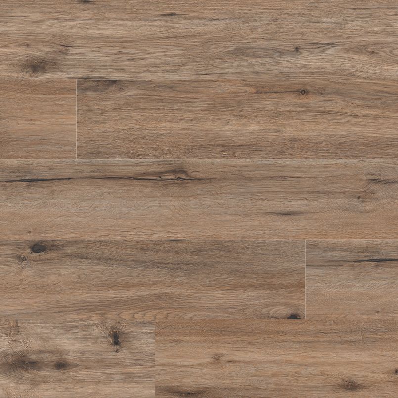 Brown and tan wood-look flooring with grain and dark knot details.