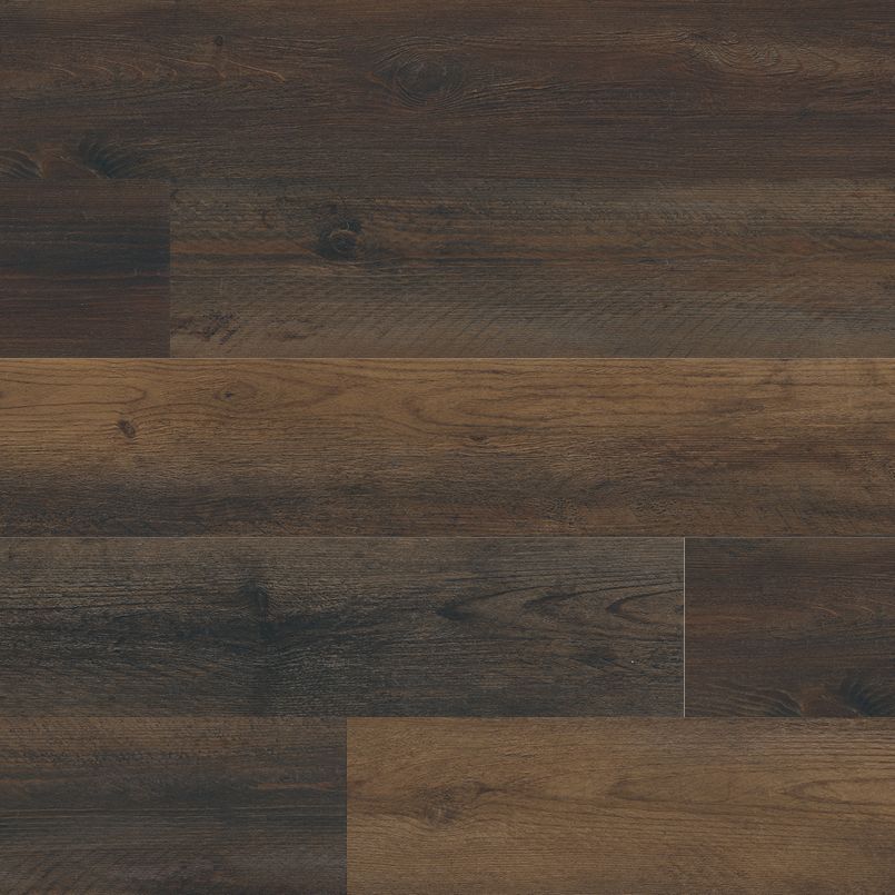 Dark brown wood-look flooring with varying shades and wood grain details.
