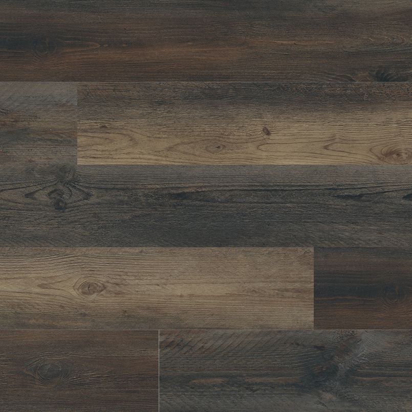 Dark brown and tan wood-look flooring with varying tones and wood grain patterns.