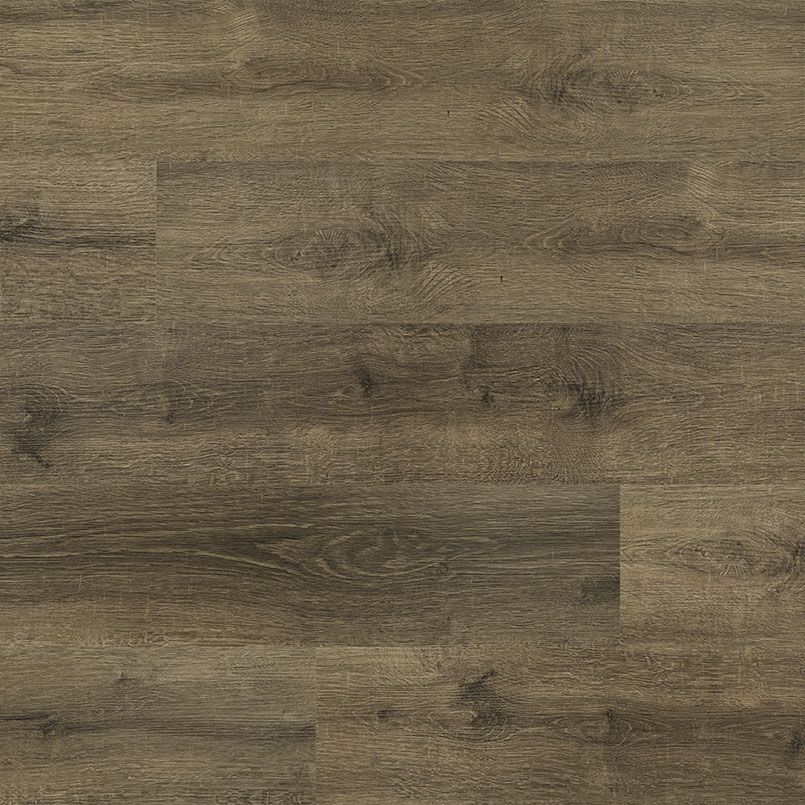 Close-up of brown, wood-look flooring. Boards have a weathered appearance with varying shades of brown.