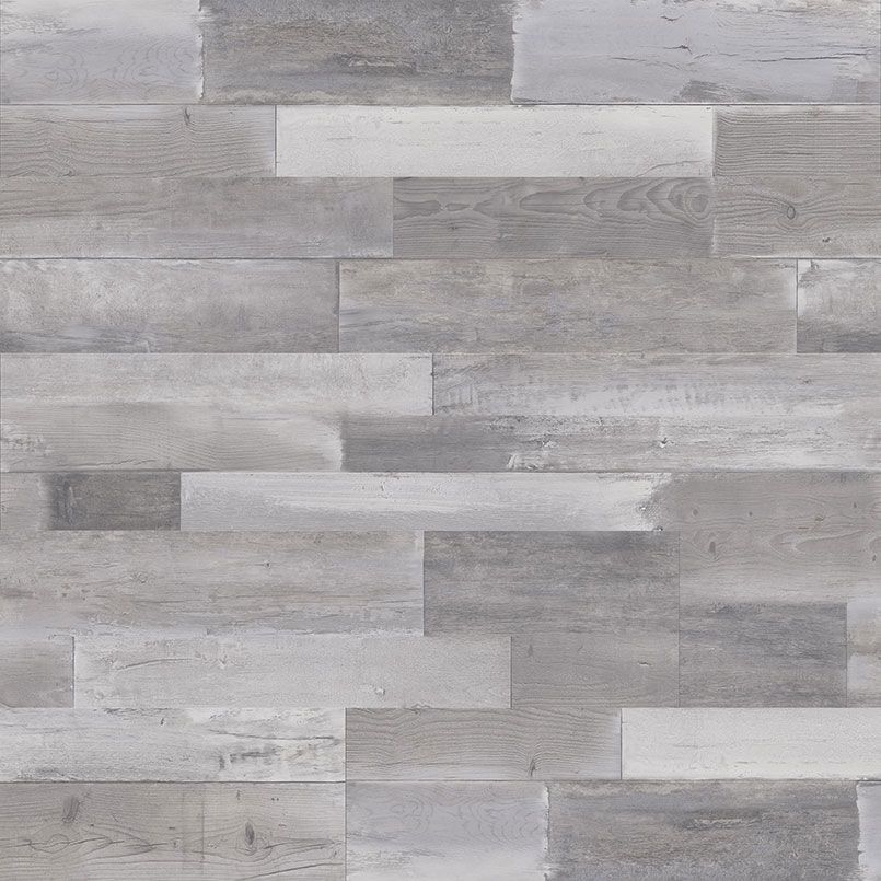 Gray and white distressed wood plank flooring.