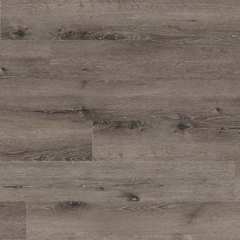 Gray wood-look flooring with dark knots and grain, horizontal plank design.