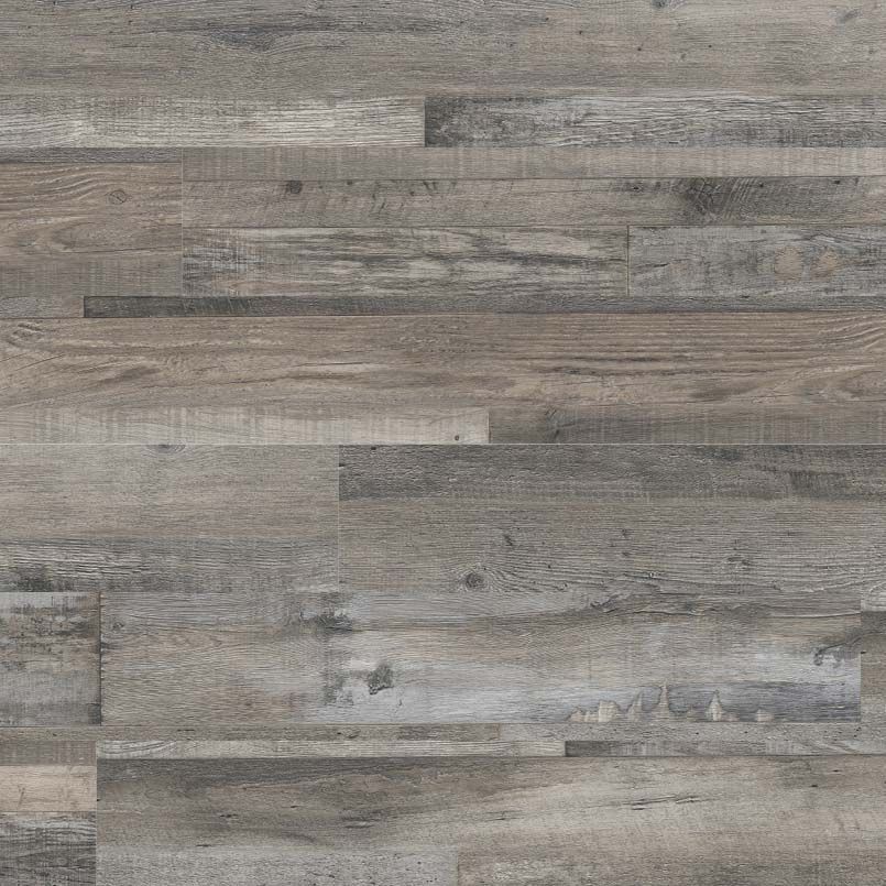 Wood-look flooring in shades of gray and brown with variations in texture and plank lengths.