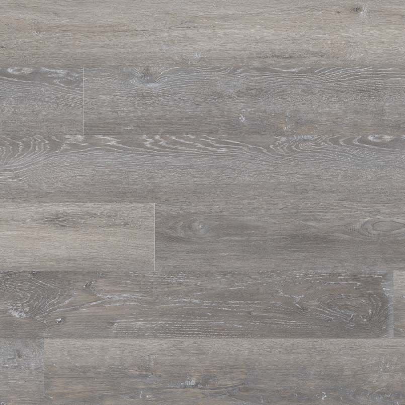 Gray wood-look flooring with light variations in color and grain pattern.